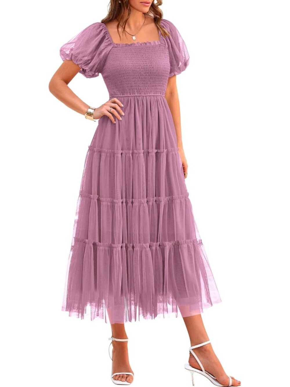 Women's Grey Purple Summer Lightweight Flowy Mesh Square Neck Smocked Midi Dress